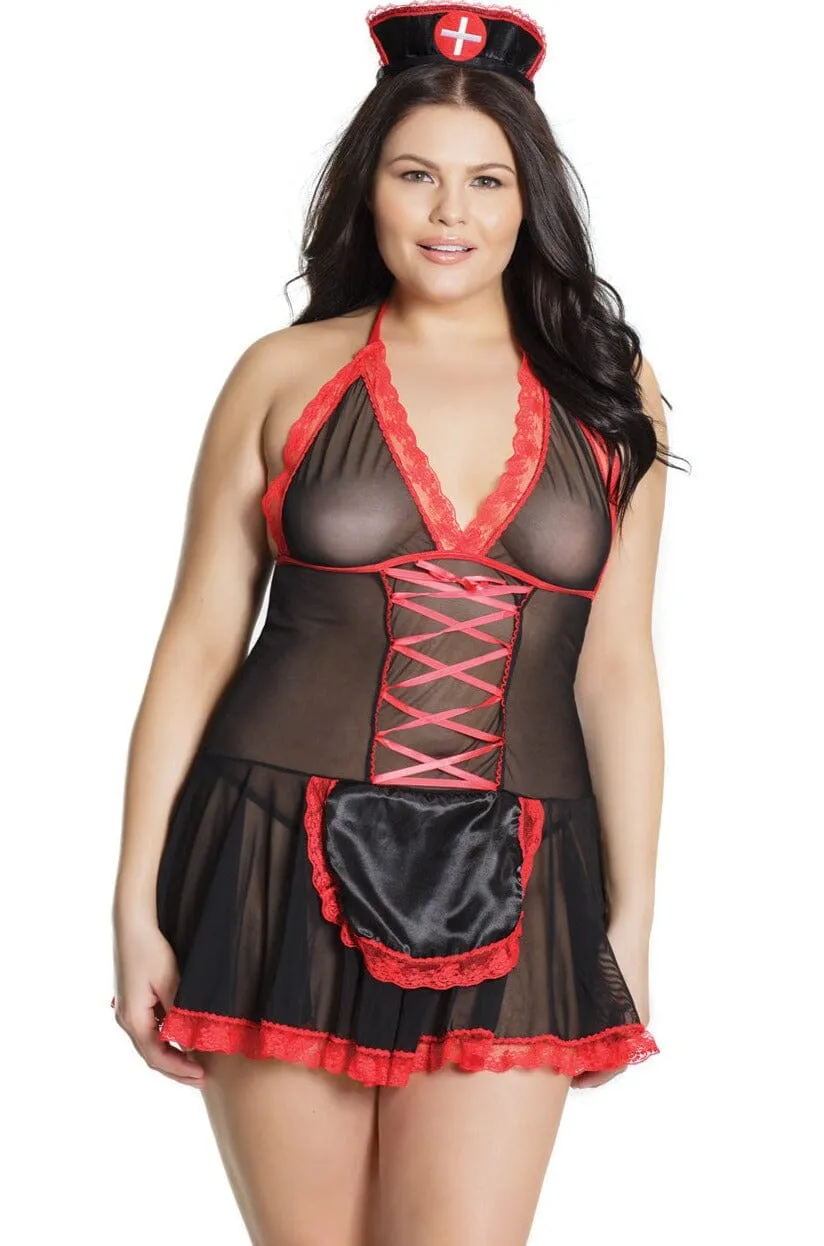 2 Pc. Mesh Babydoll With Center Front Lace Up & Lace Trim Detail | Plus Size