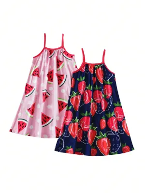 2pcs Young Girl's Summer Casual Watermelon & Strawberry Printed Cami Dress