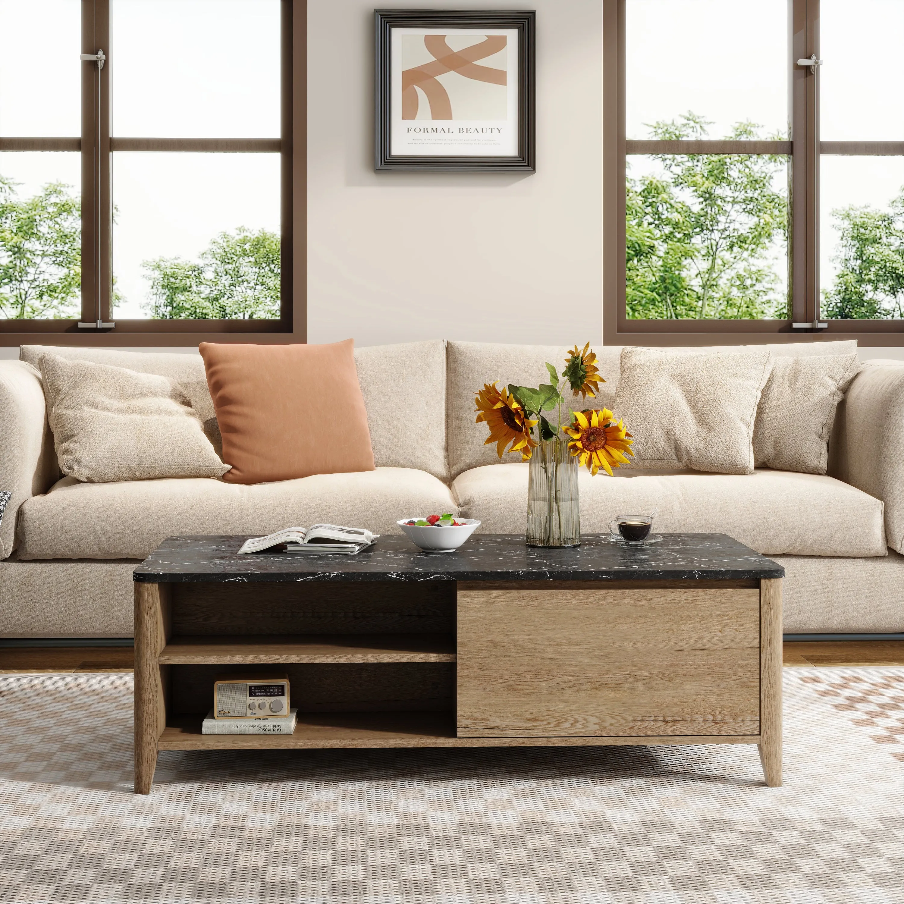 47 Inch Modern Farmhouse Double Drawer Coffee Table for Living Room or Office , Tobacco Wood and Marble Texture