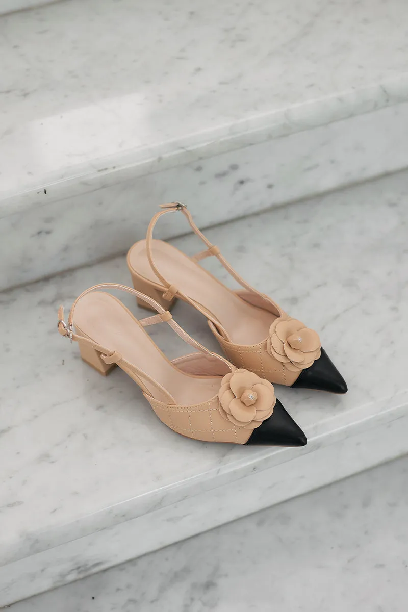 Adelina Flower Heels in Black Nude