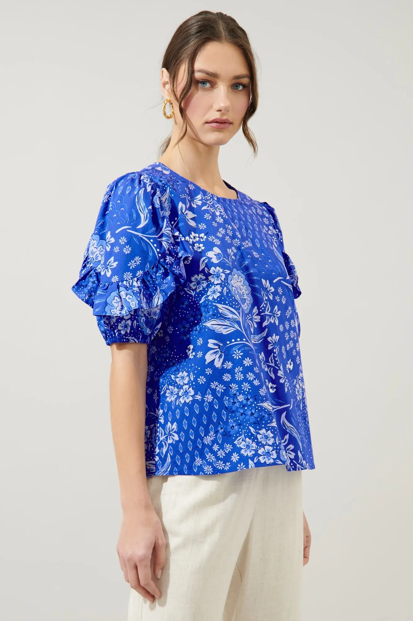 Amaya Mixed Print Mooney Ruffle Puff Sleeve Blouse