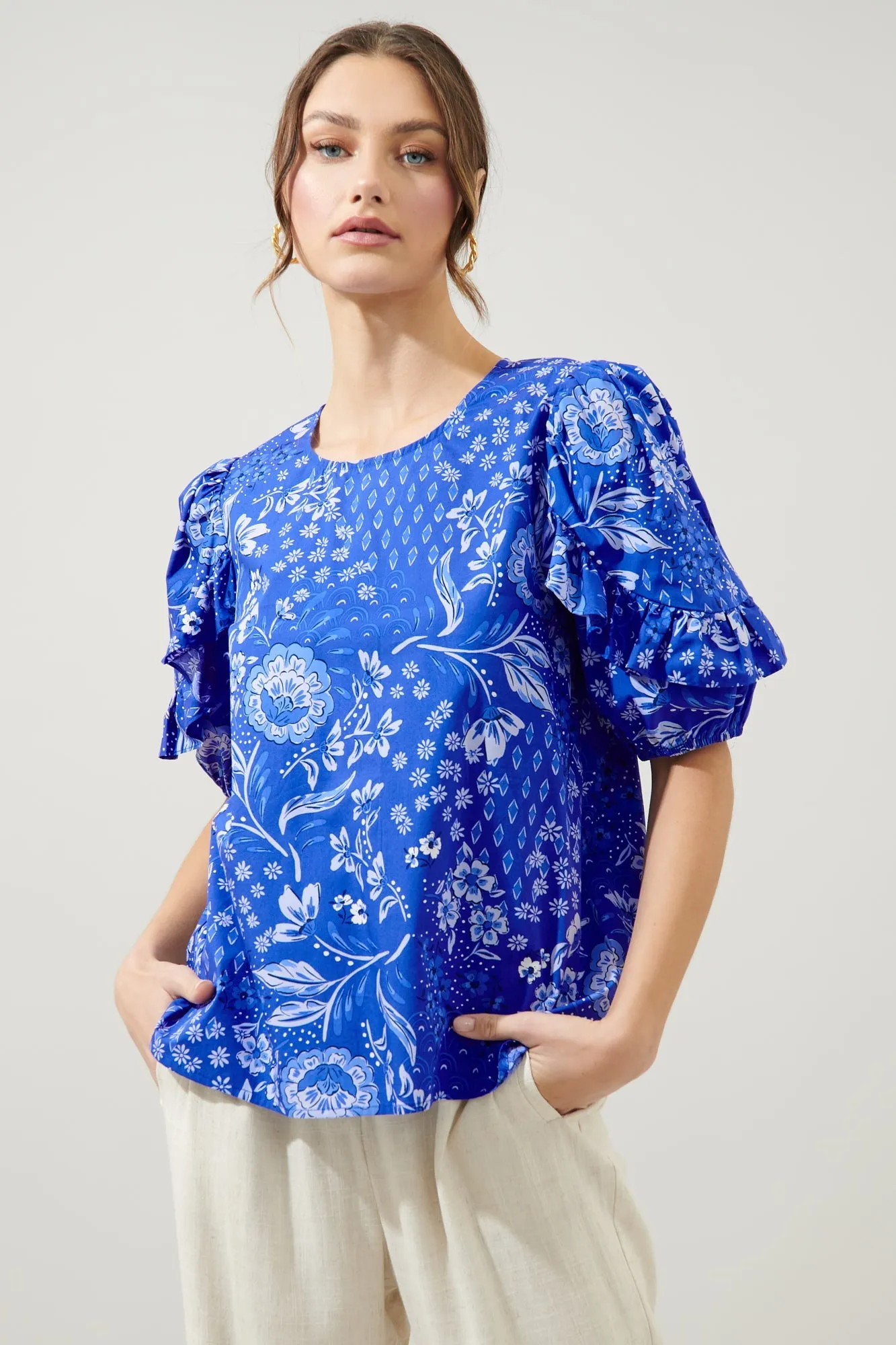 Amaya Mixed Print Mooney Ruffle Puff Sleeve Blouse