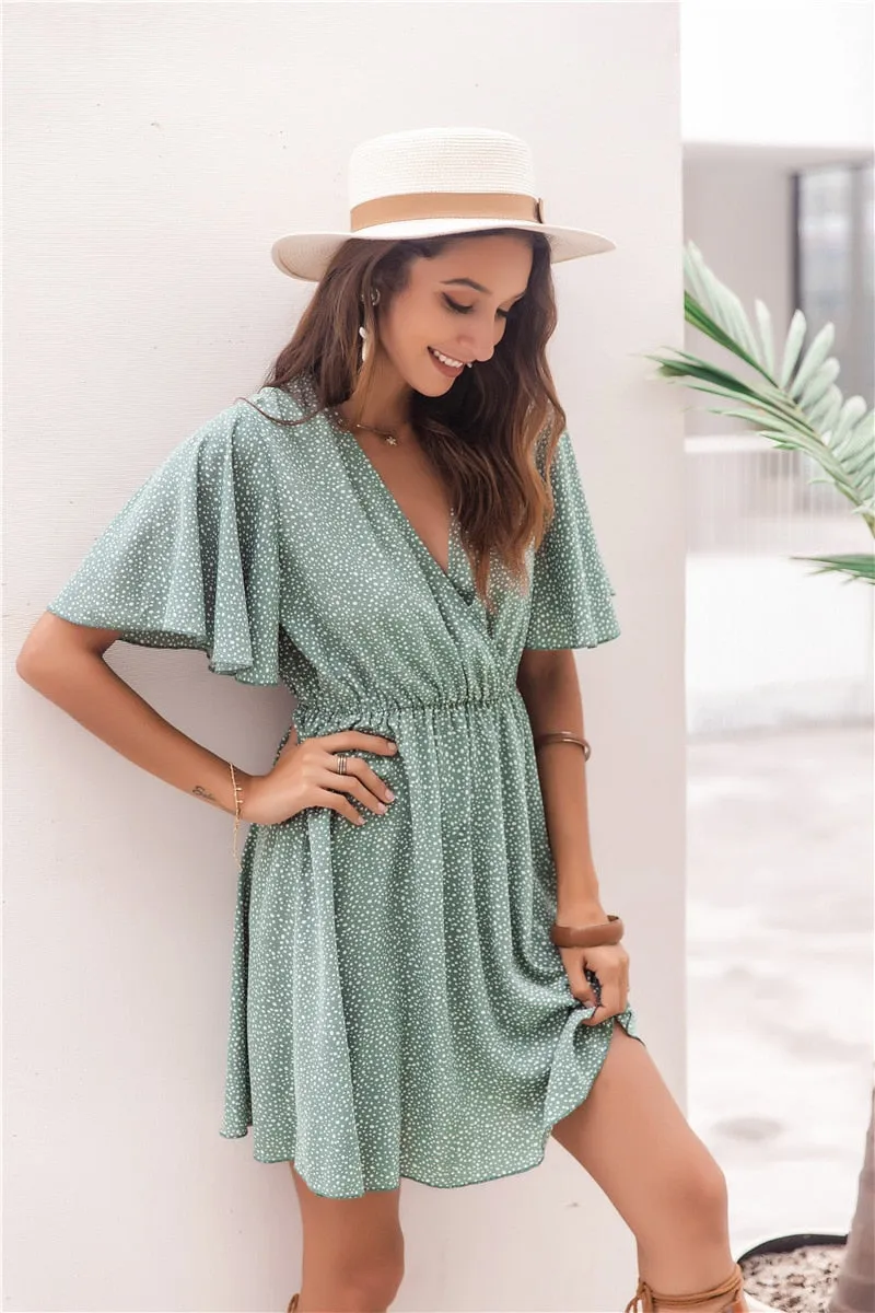 Amy Fashion - Casual V Neck Ruffles Party Beach Mini Dress