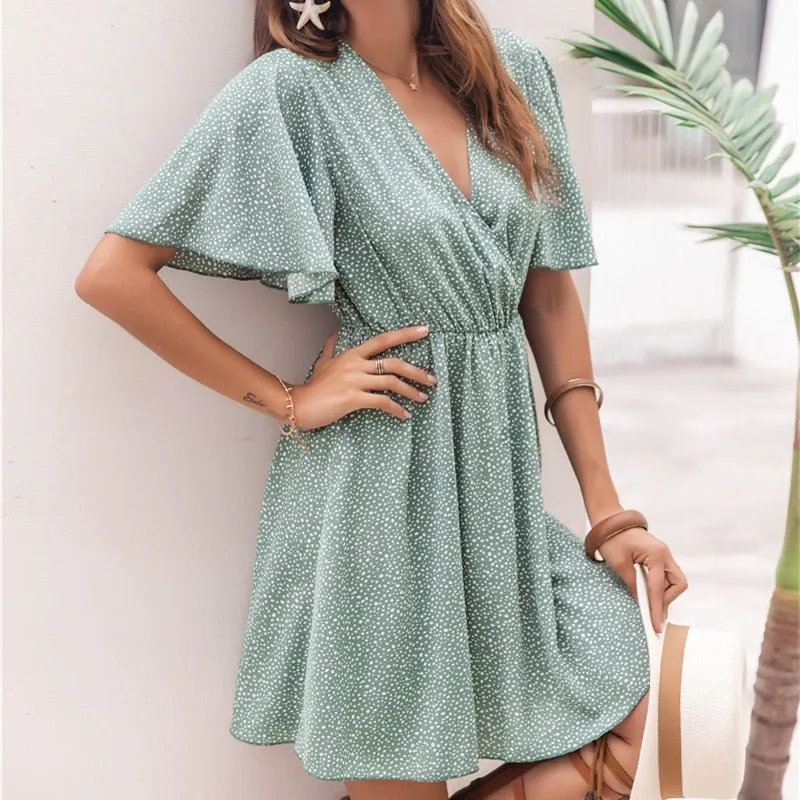 Amy Fashion - Casual V Neck Ruffles Party Beach Mini Dress