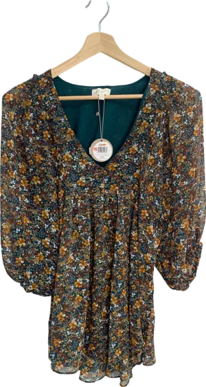 Apricot Green Floral Volume Sleeve Chiffon Tunic UK XS