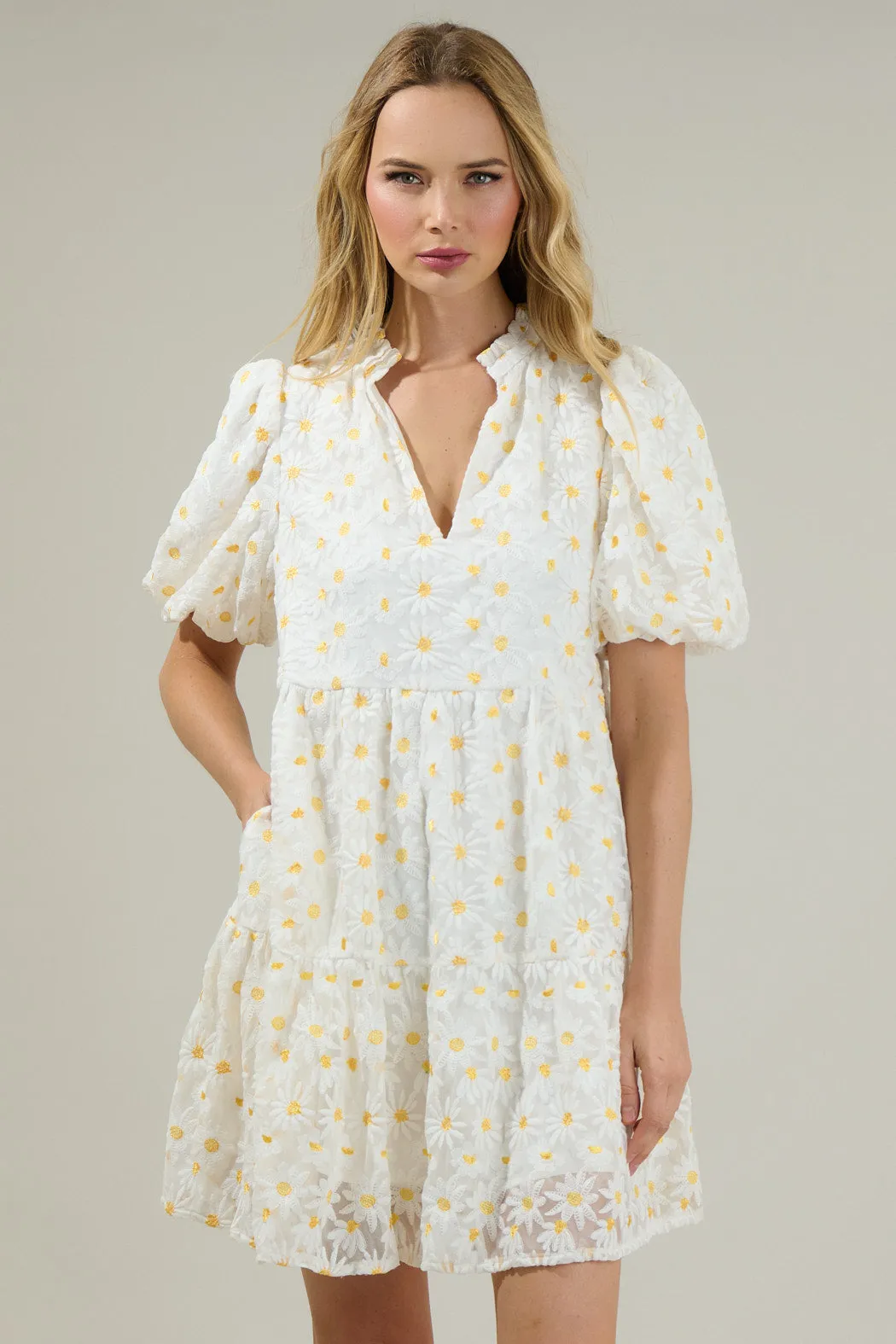 Aster Sunflower Floral Jacey Babydoll Eyelet Mini Dress