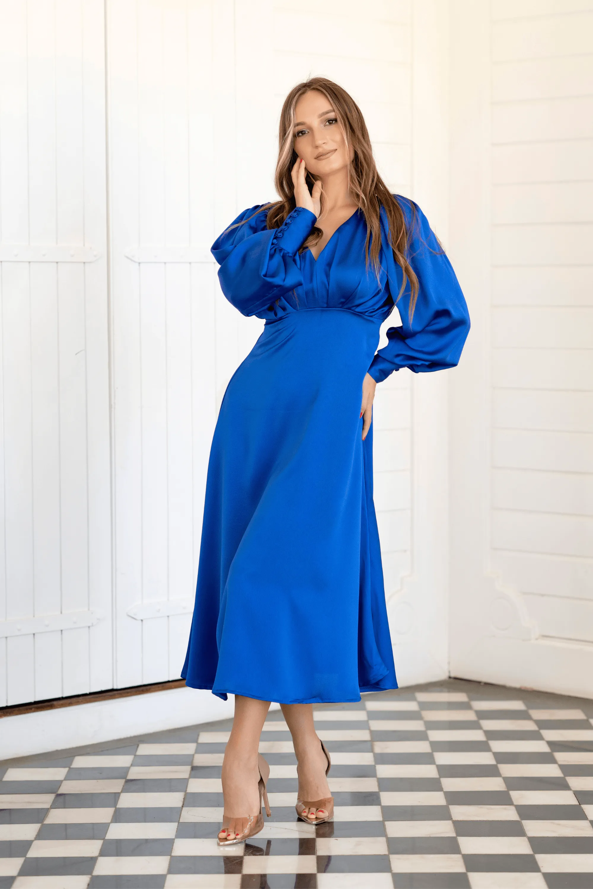 Azurine Cobalt Blue Satin-Feel Midi Dress With Long Sleeves