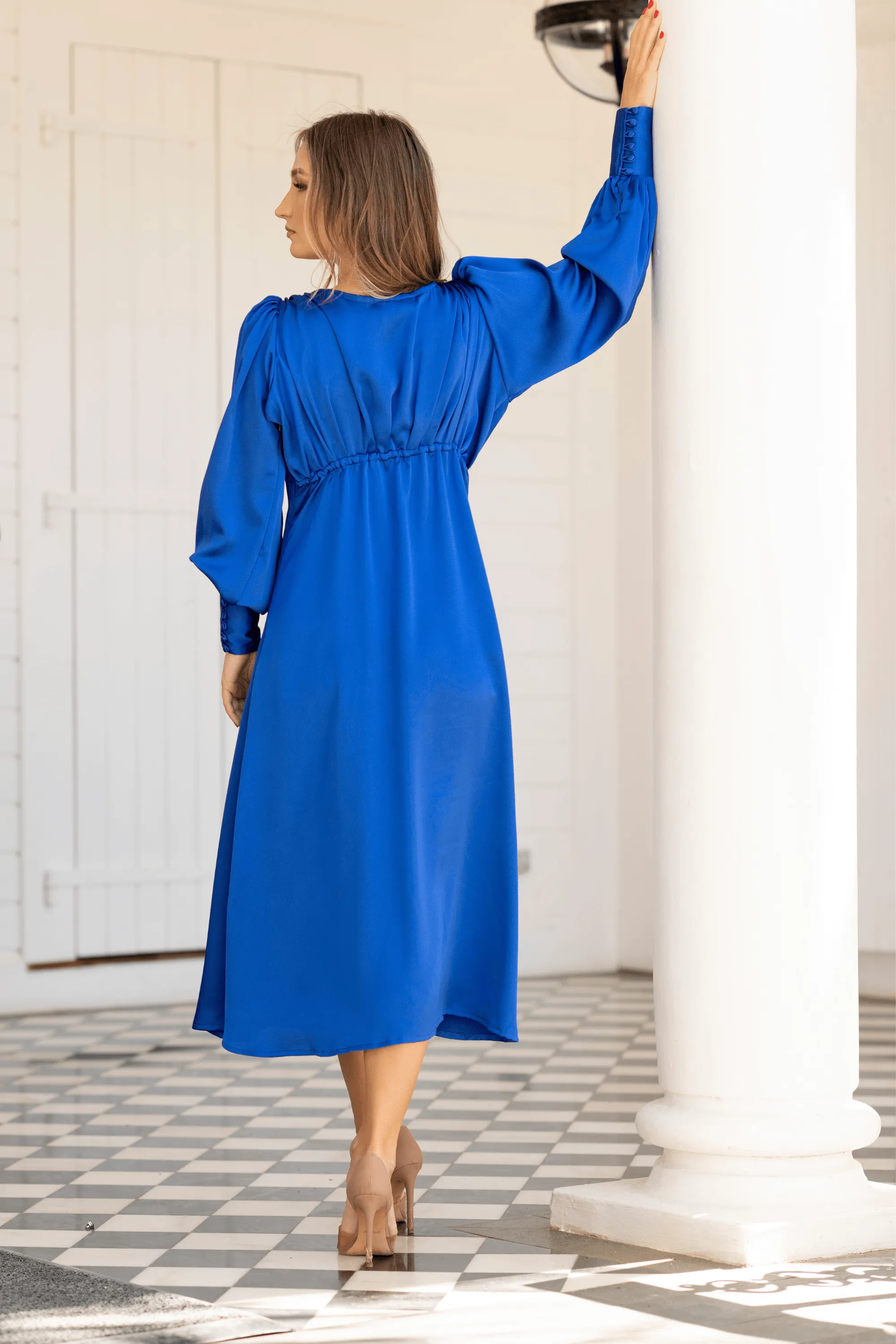 Azurine Cobalt Blue Satin-Feel Midi Dress With Long Sleeves