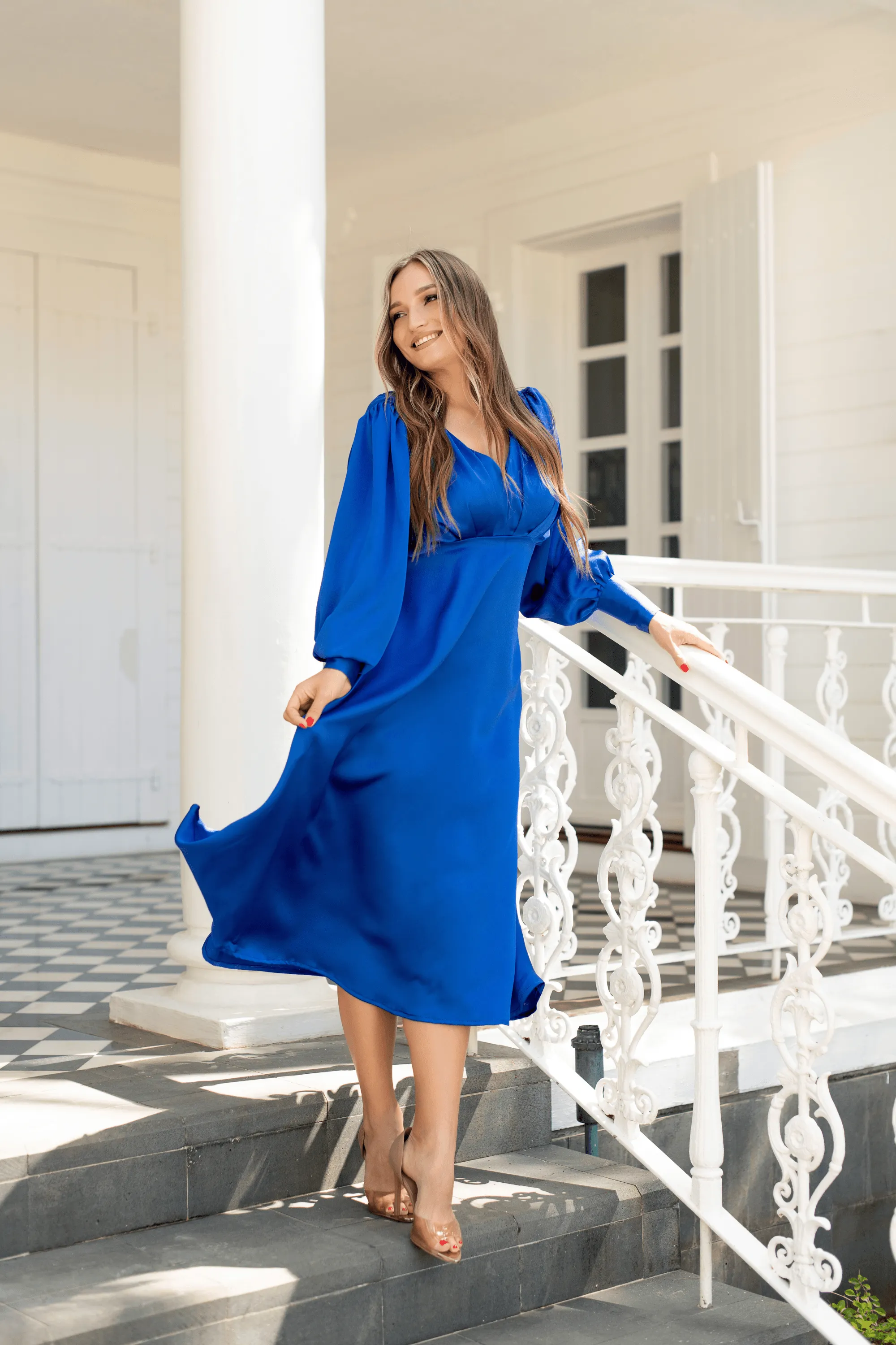 Azurine Cobalt Blue Satin-Feel Midi Dress With Long Sleeves