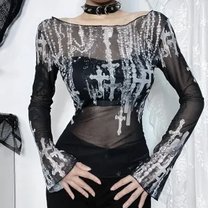 Black Gothic Mesh Cross Print Top