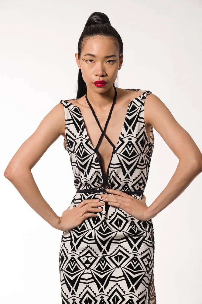 Black White Long Geometric Pattern Dress