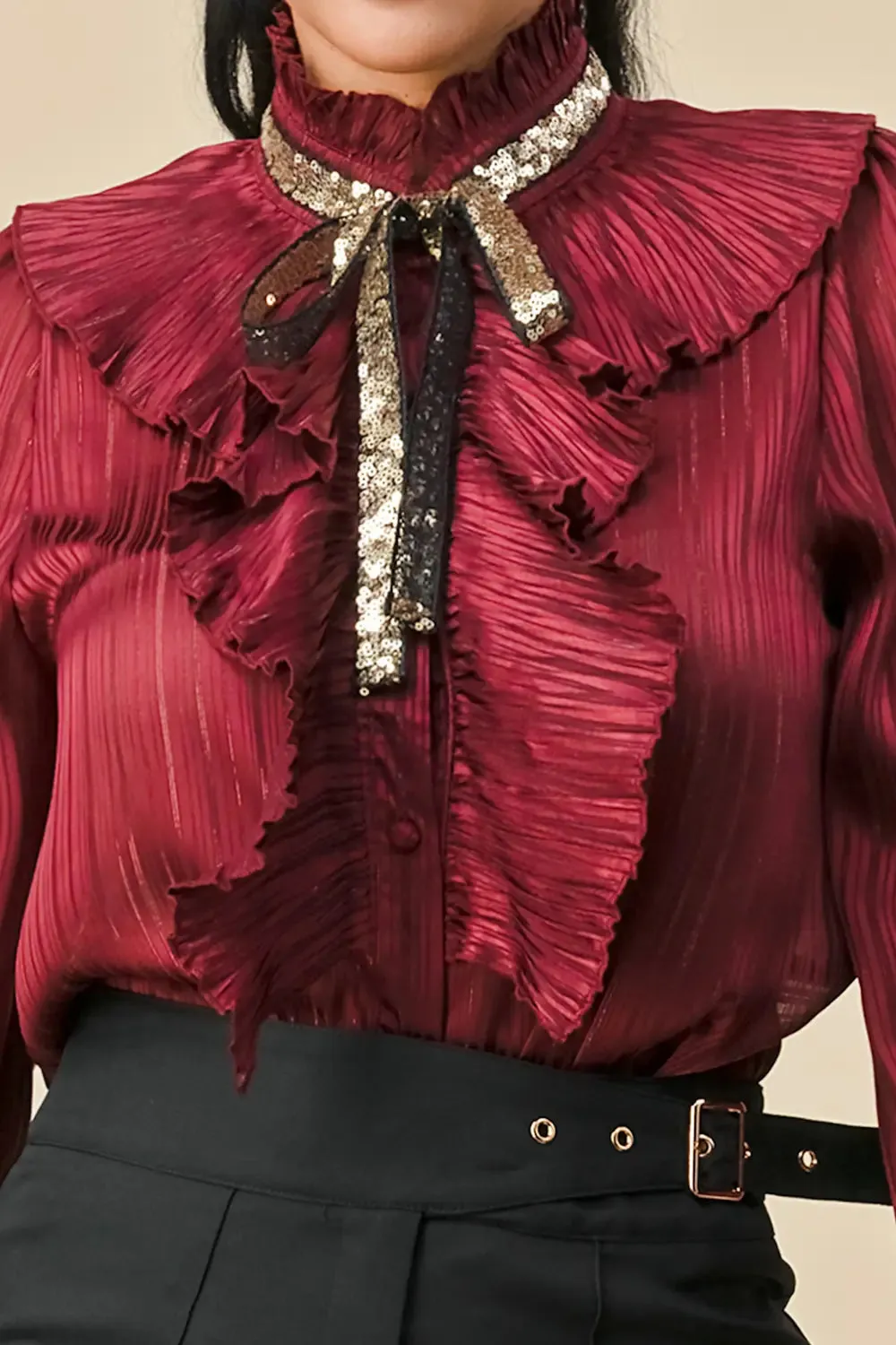 Burgundy Sequin Bowtie Blouse