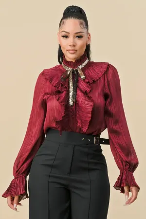 Burgundy Sequin Bowtie Blouse