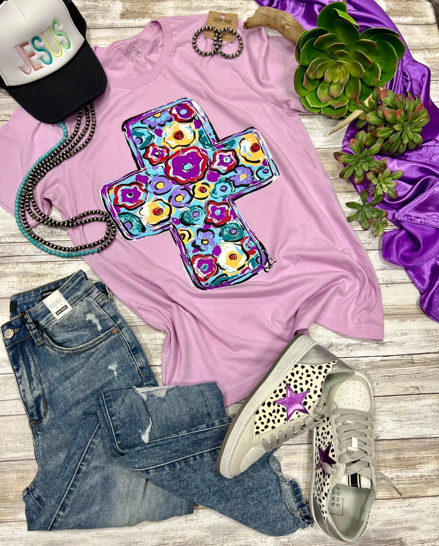 Callie Ann Stelter Purple Floral Cross Tee