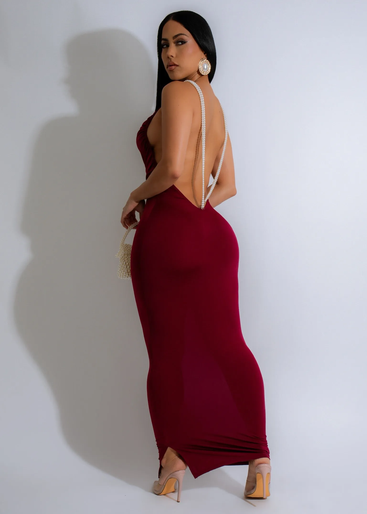 Crimson Cascade Pearls Maxi Dress Red