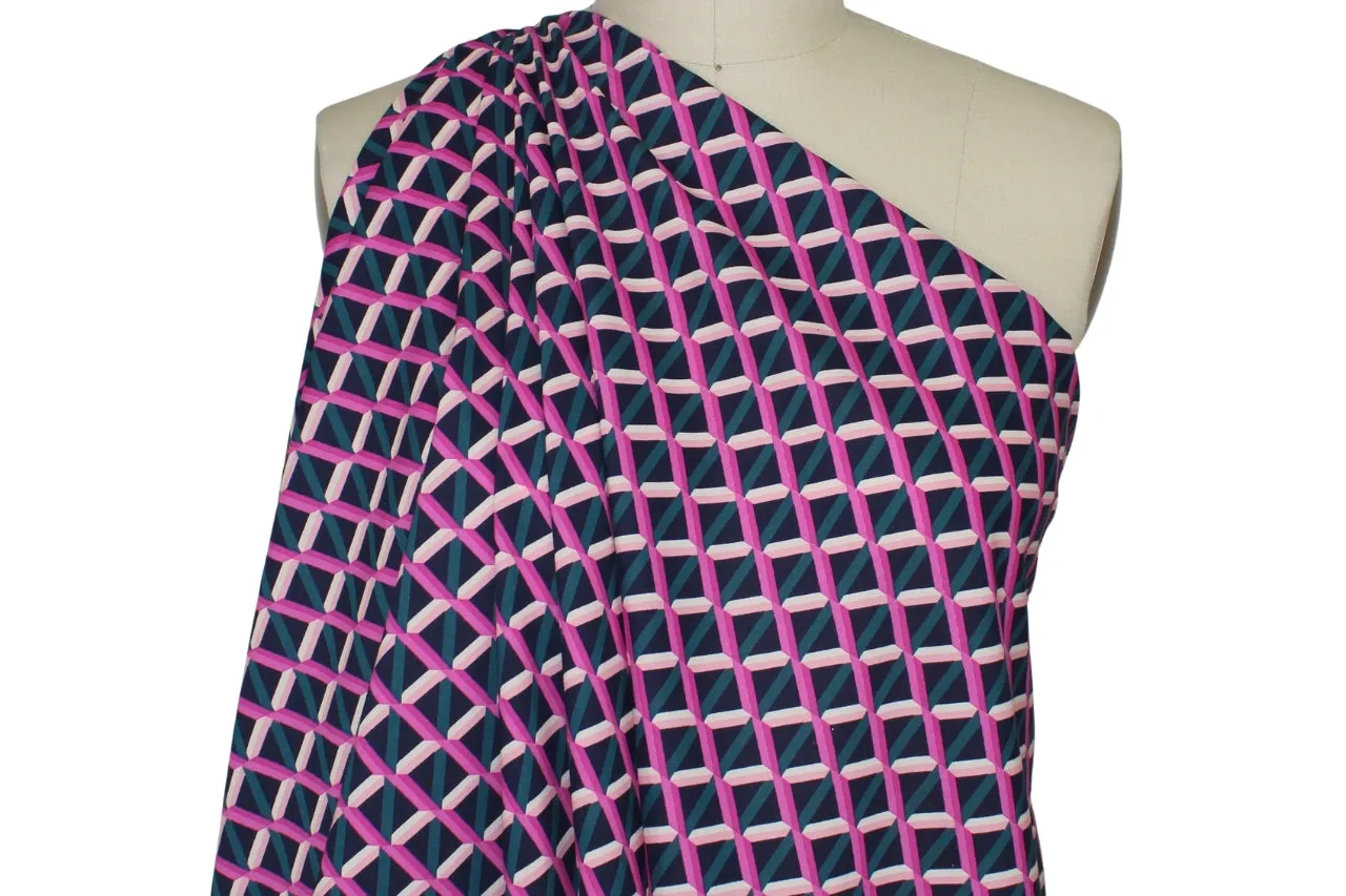 Geometric Rayon Challis - Pink/Teal/Navy