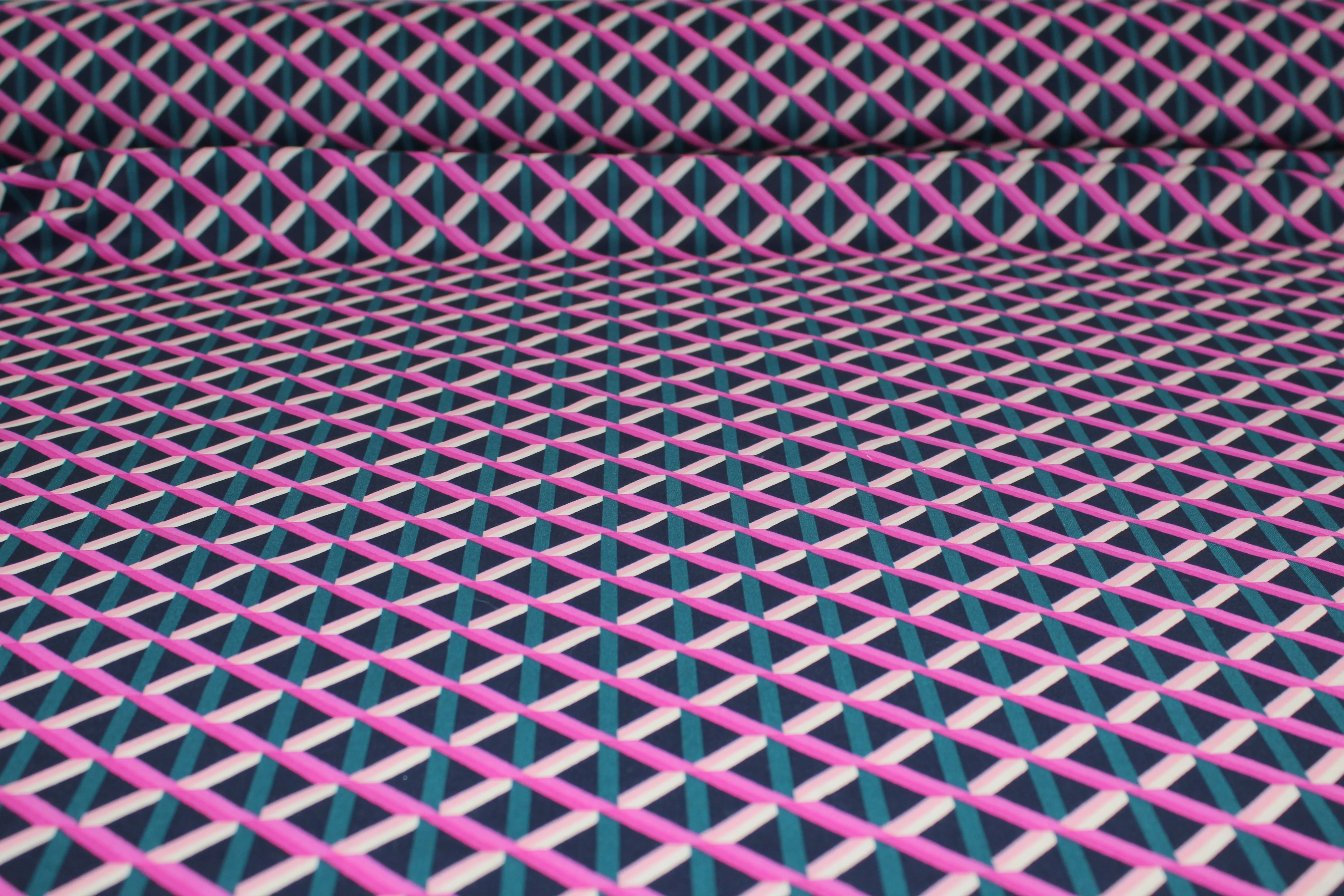 Geometric Rayon Challis - Pink/Teal/Navy