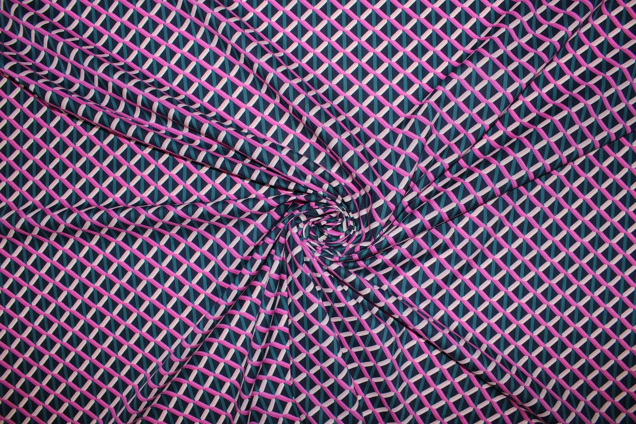 Geometric Rayon Challis - Pink/Teal/Navy