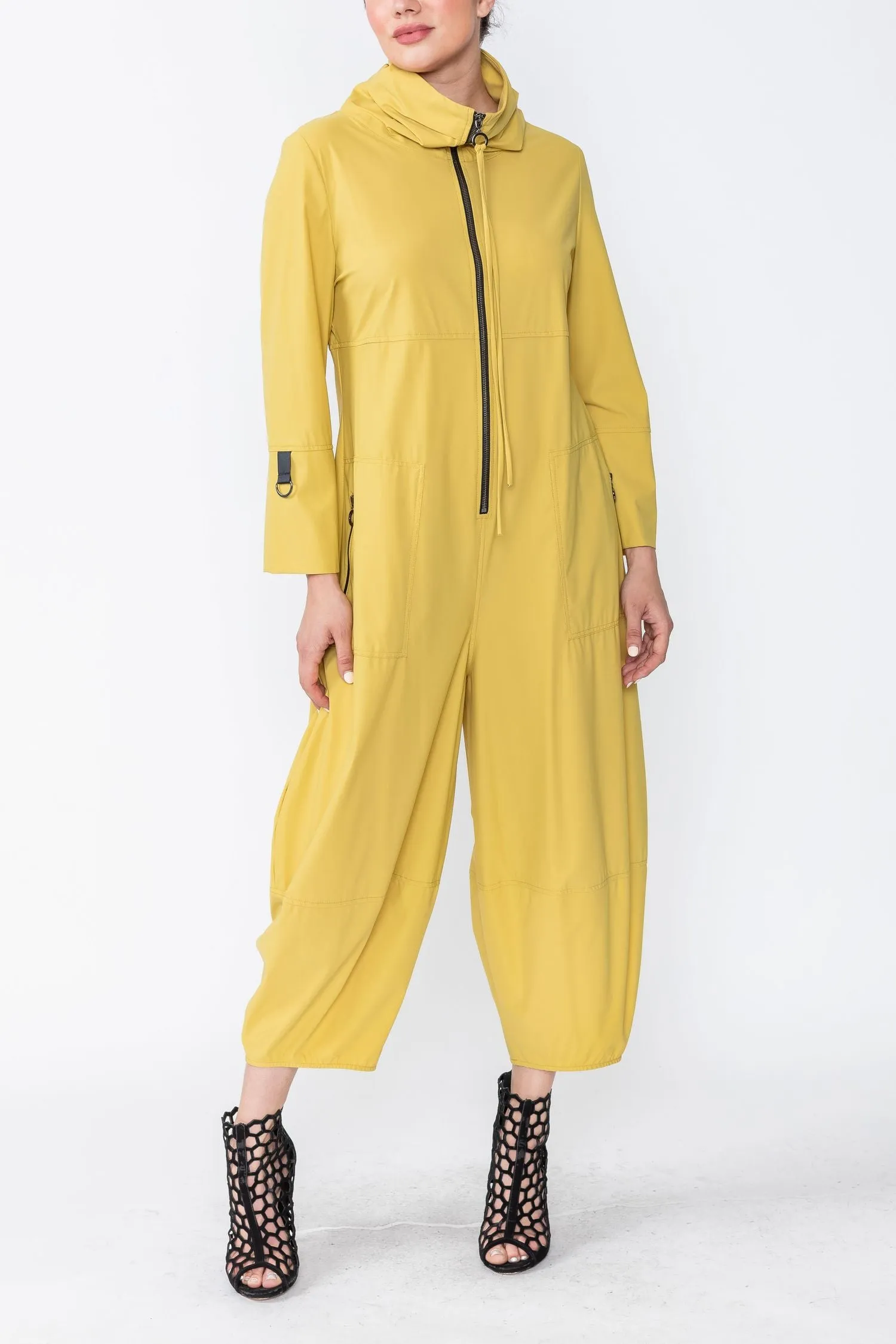 Mustard Zip-Up Front Cropped Long Sleeve Jumpsuit