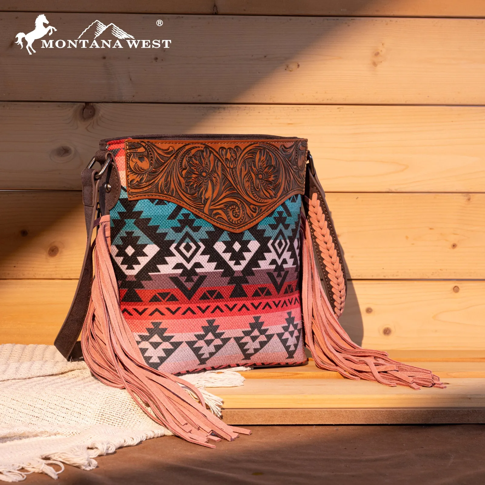 MW1295G-9360  Montana West Tooled Aztec Concealed Crossbody - Pink