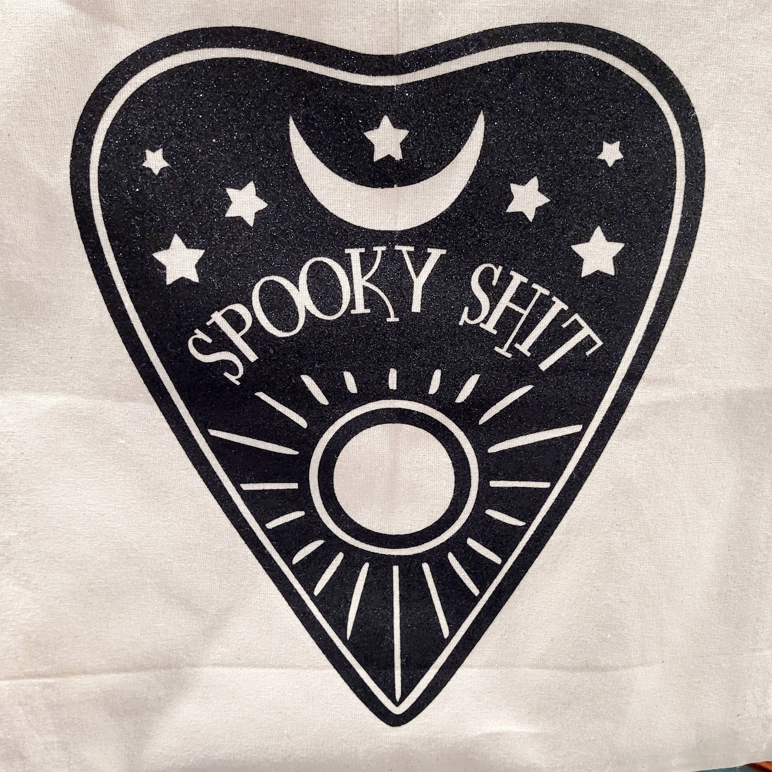 "Spooky Shit" Black Glitter Planchette - Ivory Canvas Tote Bag