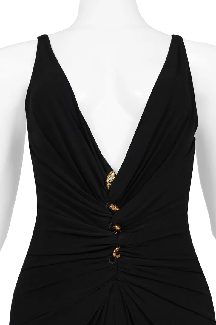 ROBERTO CAVALLI BLACK JERSEY EVENING GOWN WITH GOLD SNAKE HARDWARE