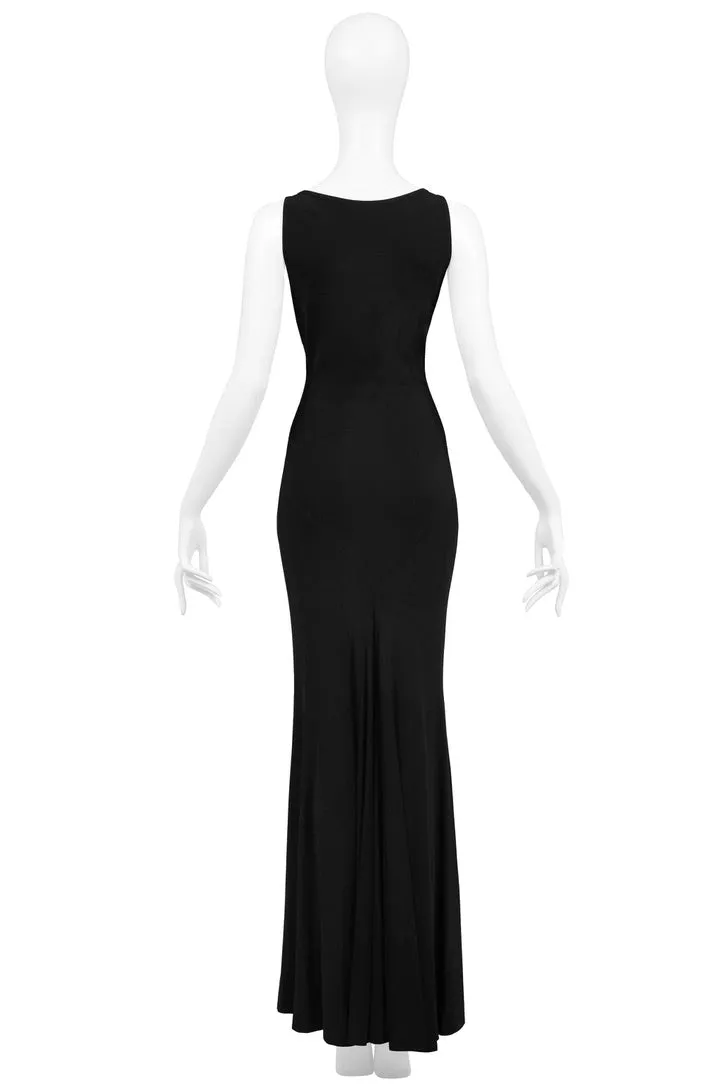 ROBERTO CAVALLI BLACK JERSEY EVENING GOWN WITH GOLD SNAKE HARDWARE