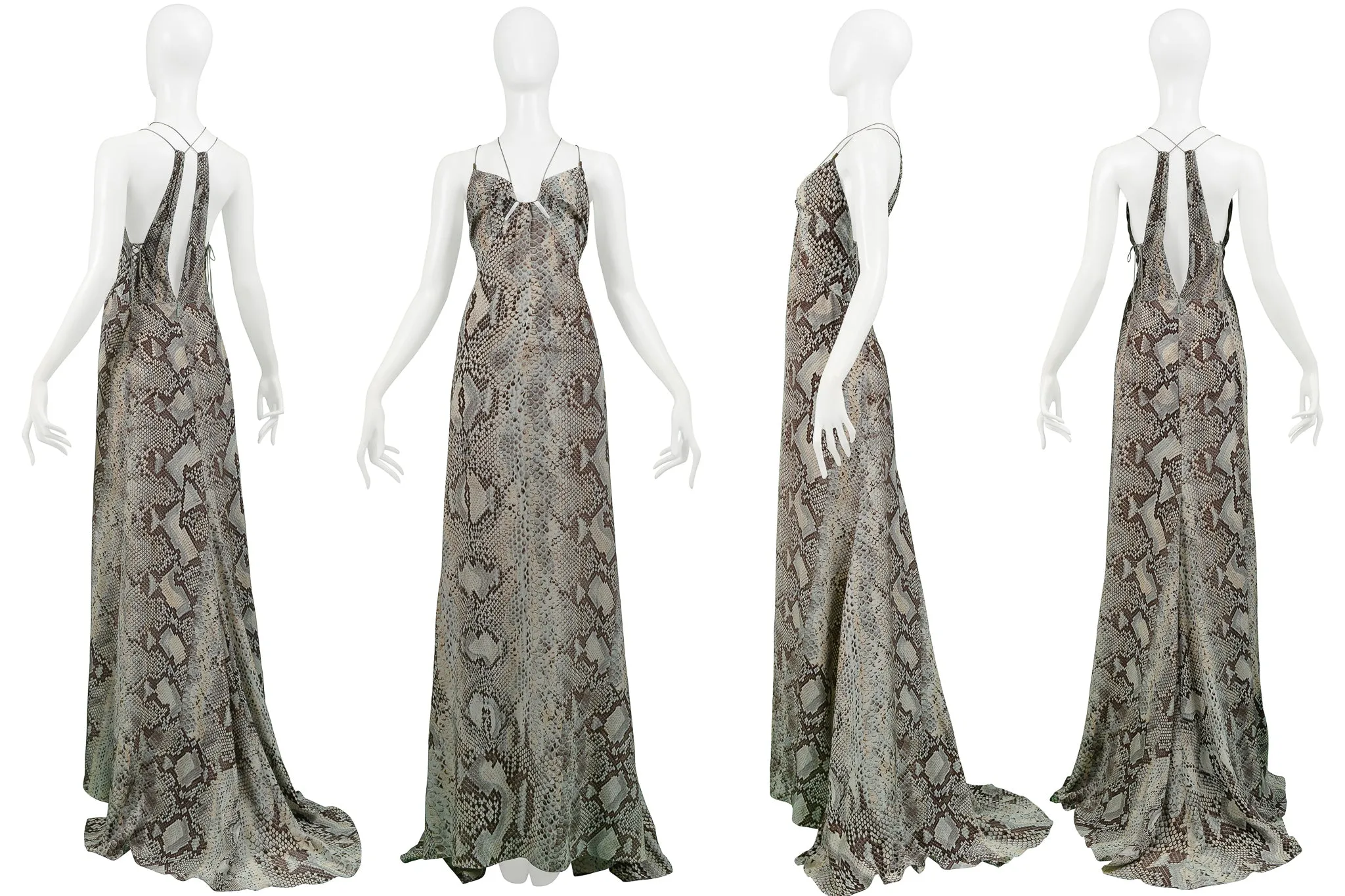 ROBERTO CAVALLI BLUE & GREY SNAKE PRINT EVENING GOWN WITH SILVER HARDWARE 2011