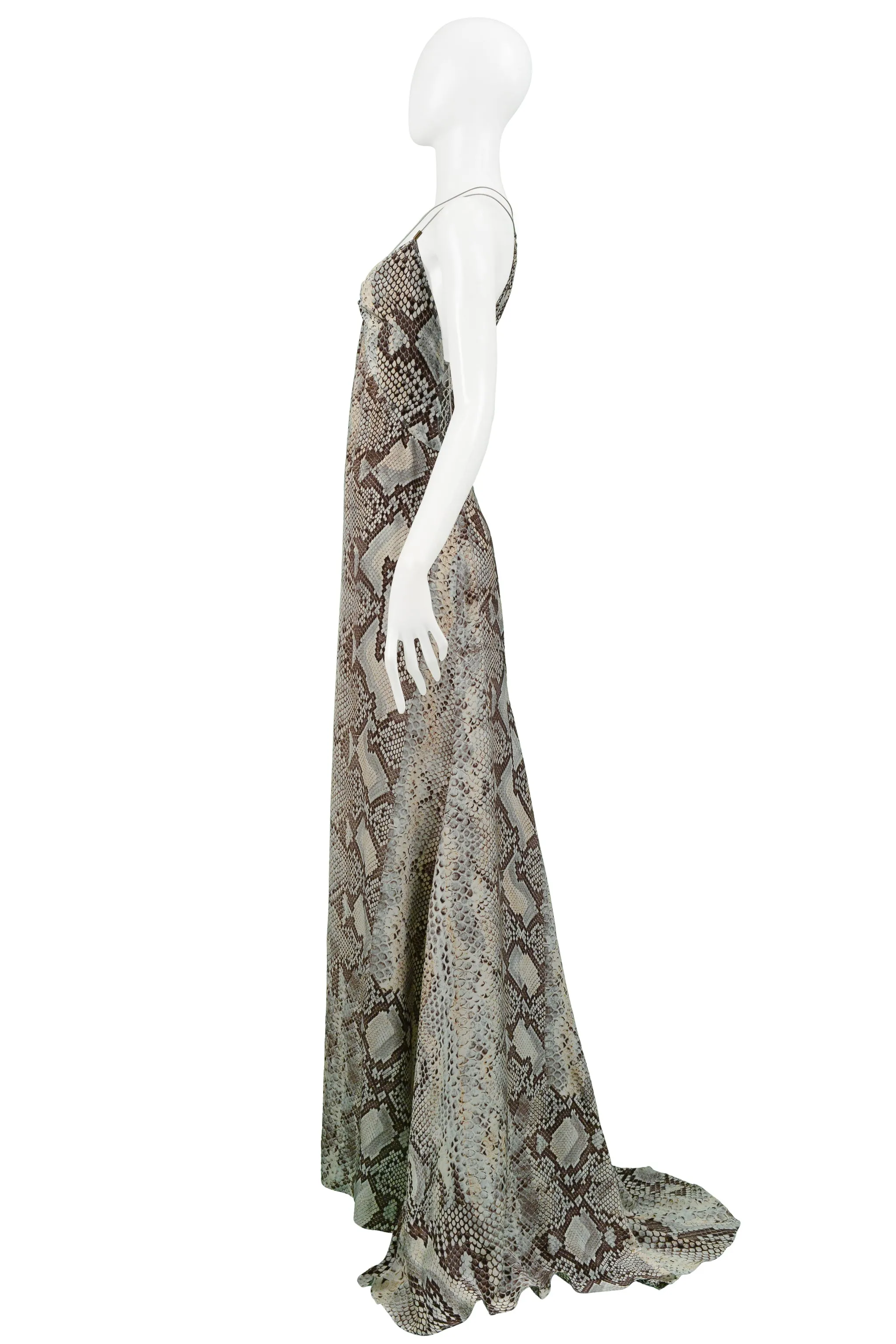 ROBERTO CAVALLI BLUE & GREY SNAKE PRINT EVENING GOWN WITH SILVER HARDWARE 2011