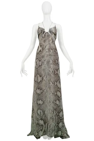 ROBERTO CAVALLI BLUE & GREY SNAKE PRINT EVENING GOWN WITH SILVER HARDWARE 2011