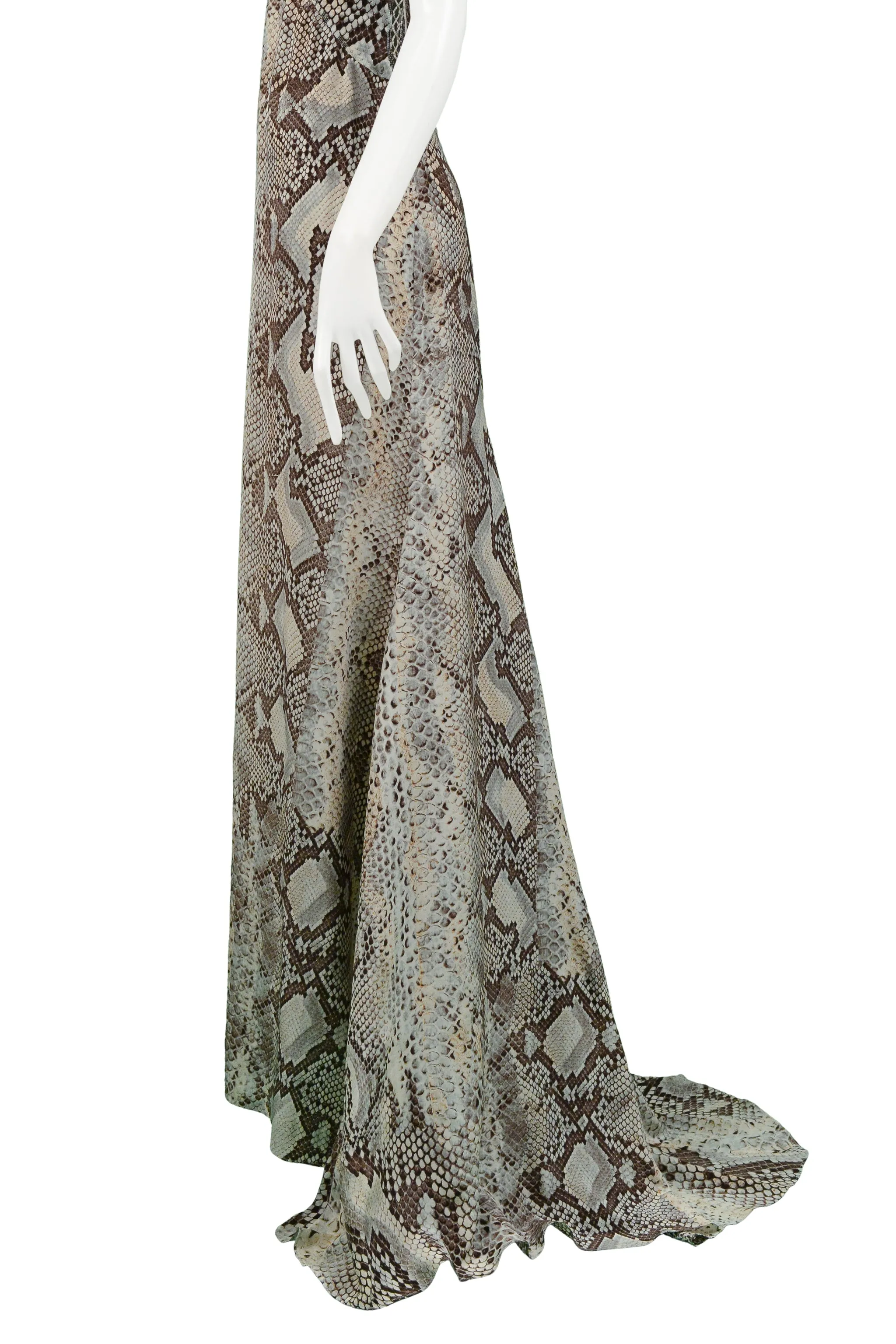 ROBERTO CAVALLI BLUE & GREY SNAKE PRINT EVENING GOWN WITH SILVER HARDWARE 2011