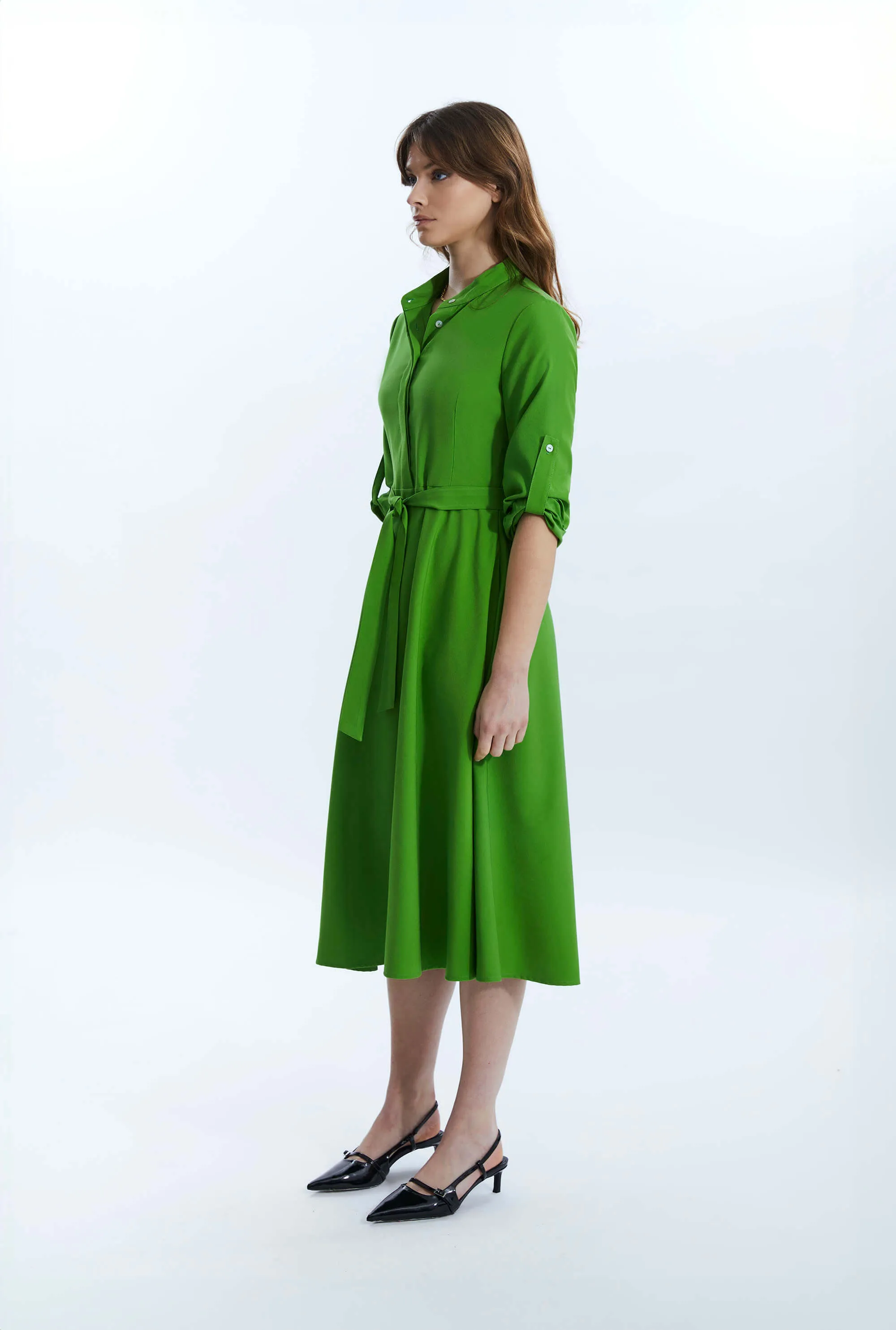 Roll Sleeve Midi Dress Green