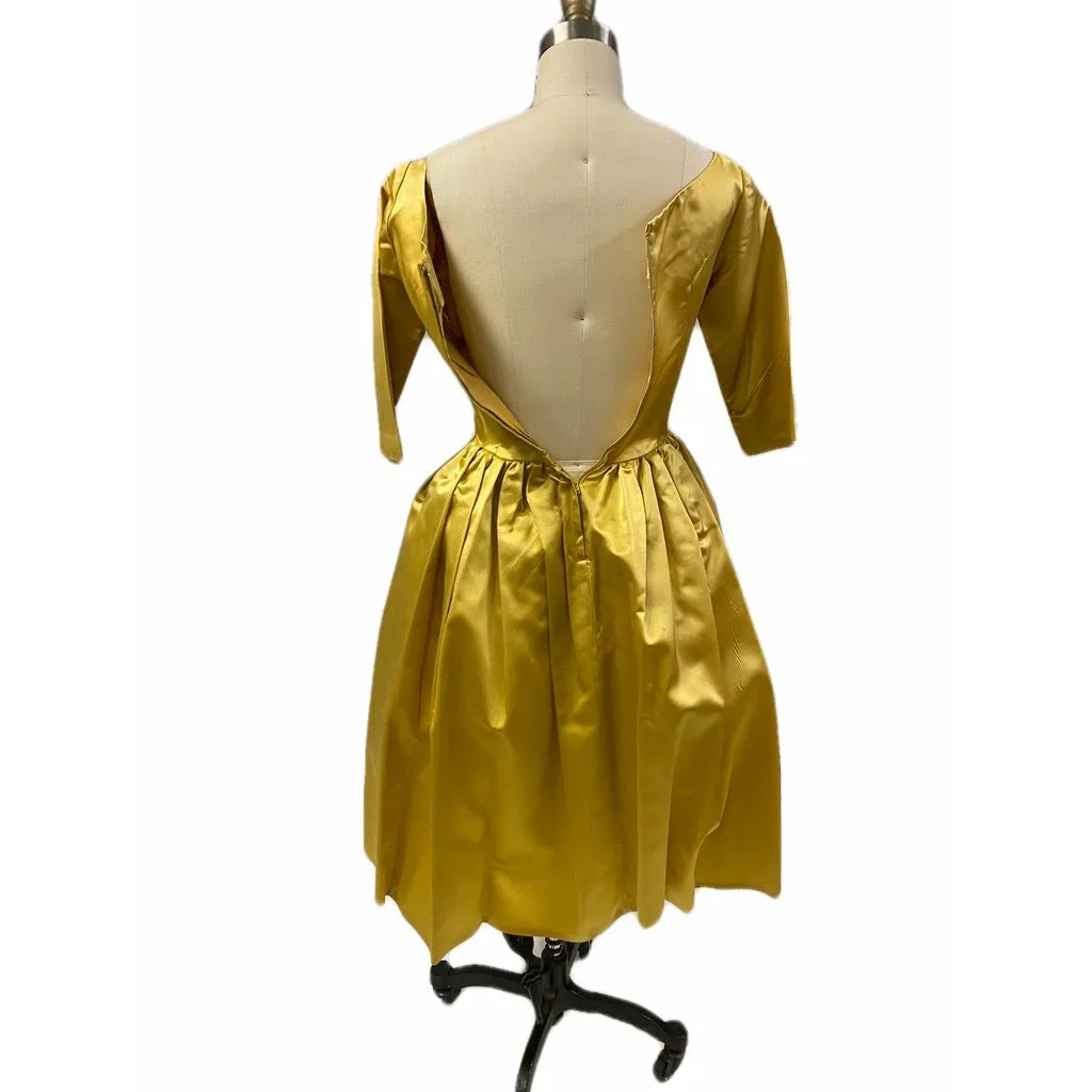 Vintage 1960s Gold Satin Taffeta Cocktail Dress   Detachable Long Skirt  XS