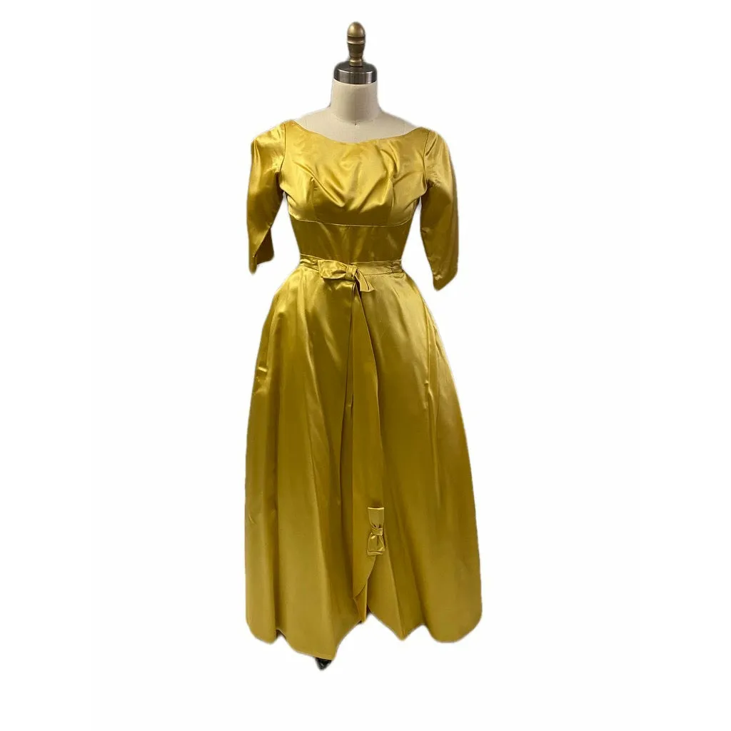 Vintage 1960s Gold Satin Taffeta Cocktail Dress   Detachable Long Skirt  XS