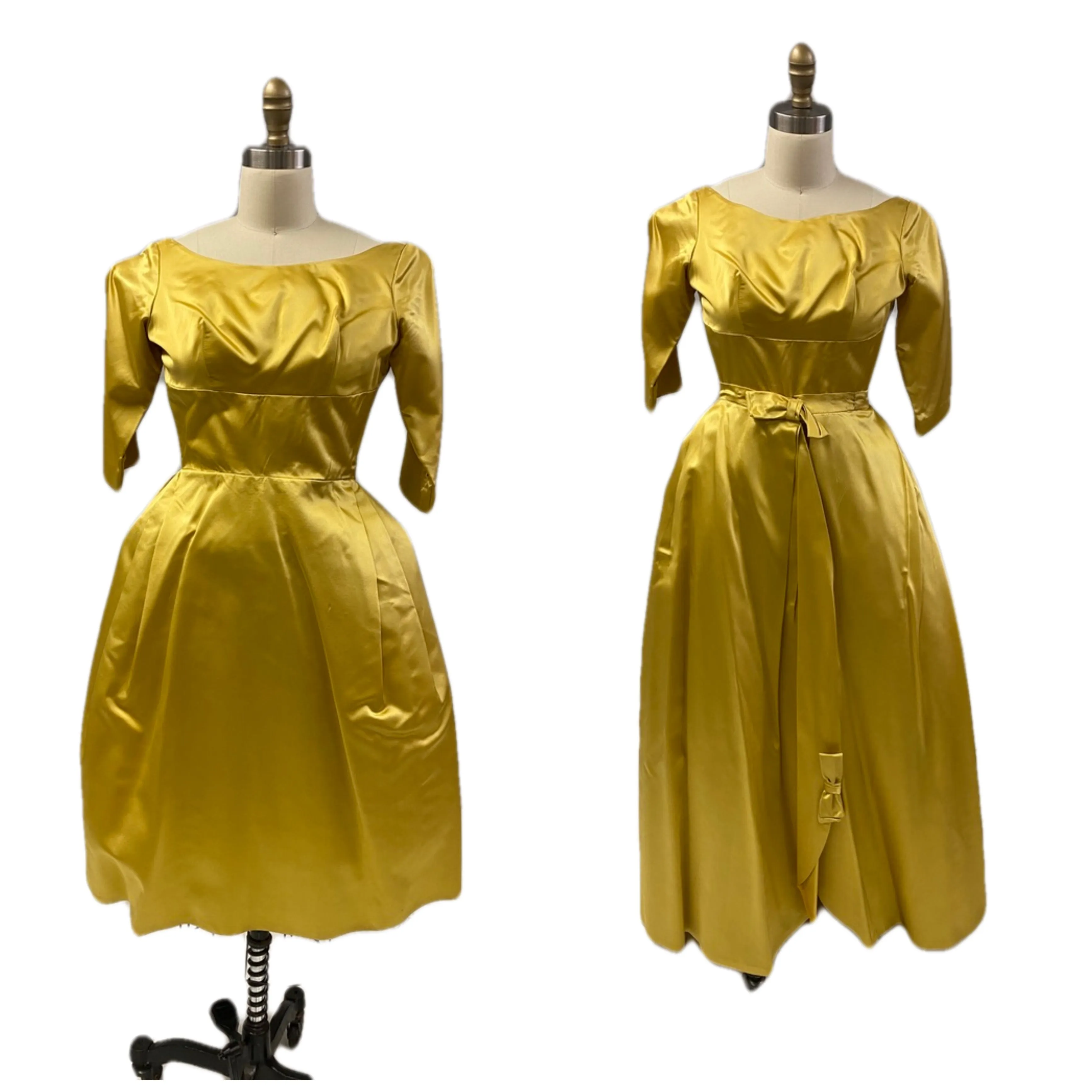 Vintage 1960s Gold Satin Taffeta Cocktail Dress   Detachable Long Skirt  XS