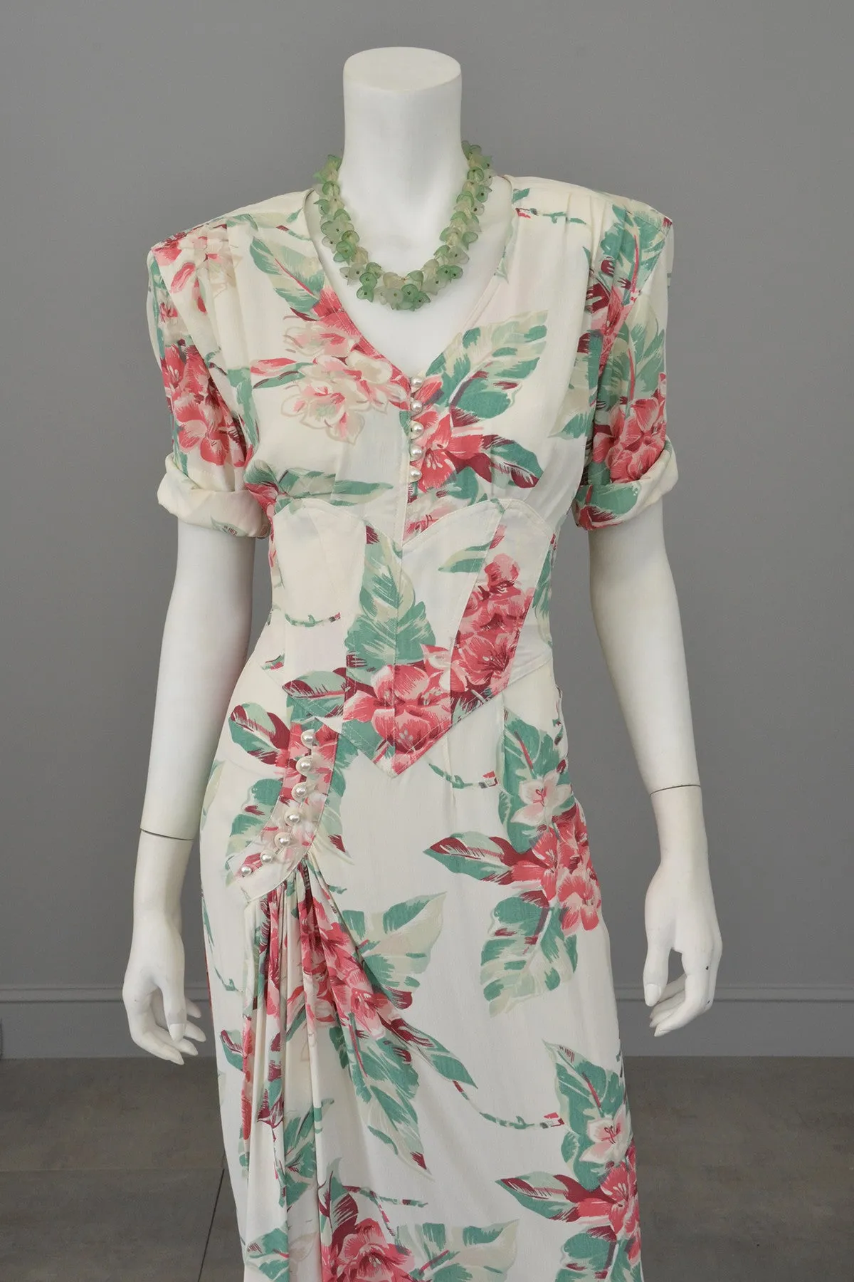 Vintage 80s does 40s Tropical Floral Print Swag Dress by Karen Alexander