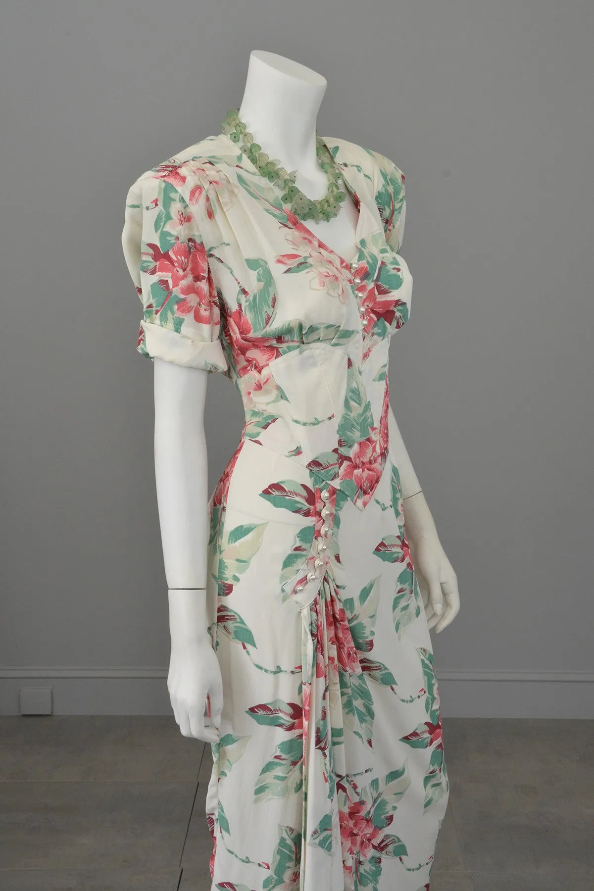 Vintage 80s does 40s Tropical Floral Print Swag Dress by Karen Alexander