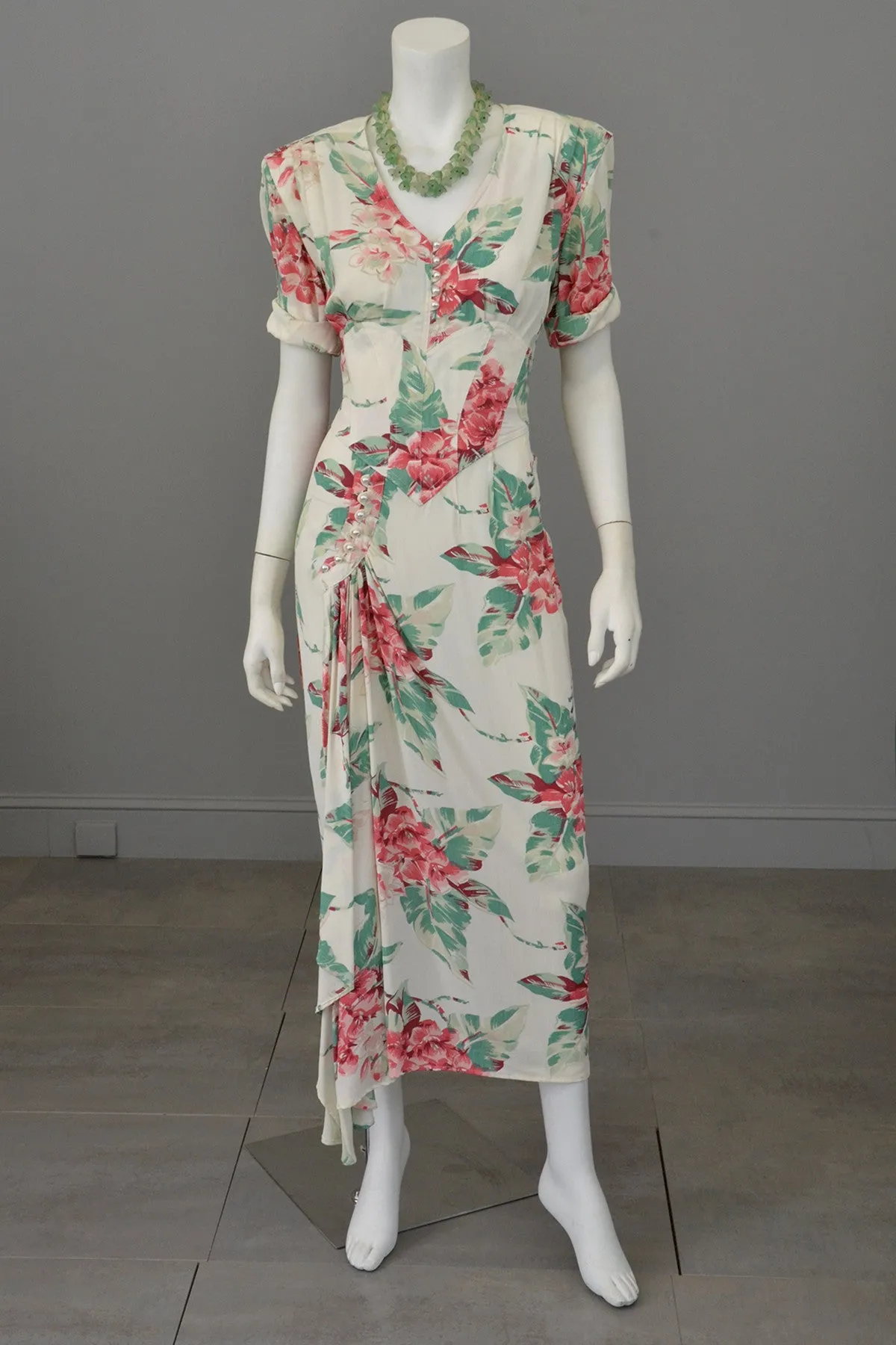 Vintage 80s does 40s Tropical Floral Print Swag Dress by Karen Alexander