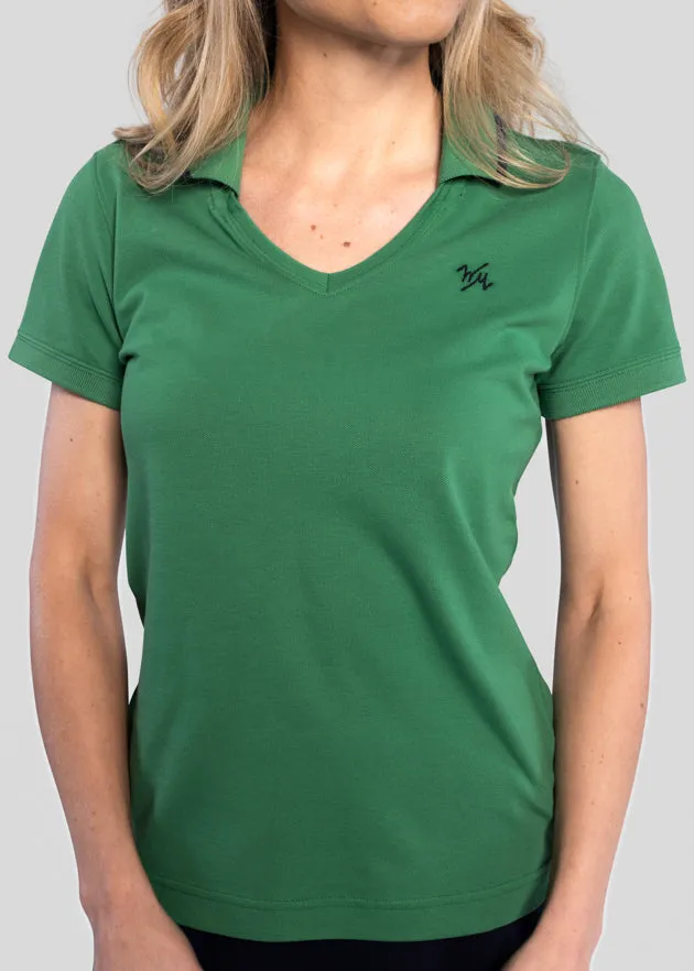 Women's V-Neck Pique Polo | Green/Navy