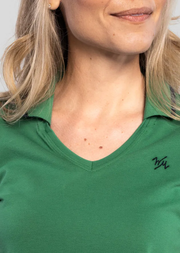 Women's V-Neck Pique Polo | Green/Navy